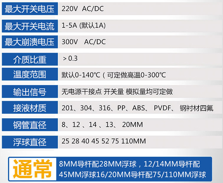 衛生型浮球液位計技術參數對照表